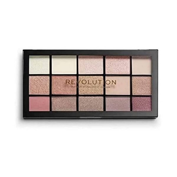 Revolution Reloaded Iconic 3.0 Matte and Shimmer 15 Shades 16.5g This essential palette is perfect for day and night looks, a mix of silky and long-wearing shades, 11 shimmery finishes in sparkling rose gold, peach and amber with four matte brown and beige transition shades.