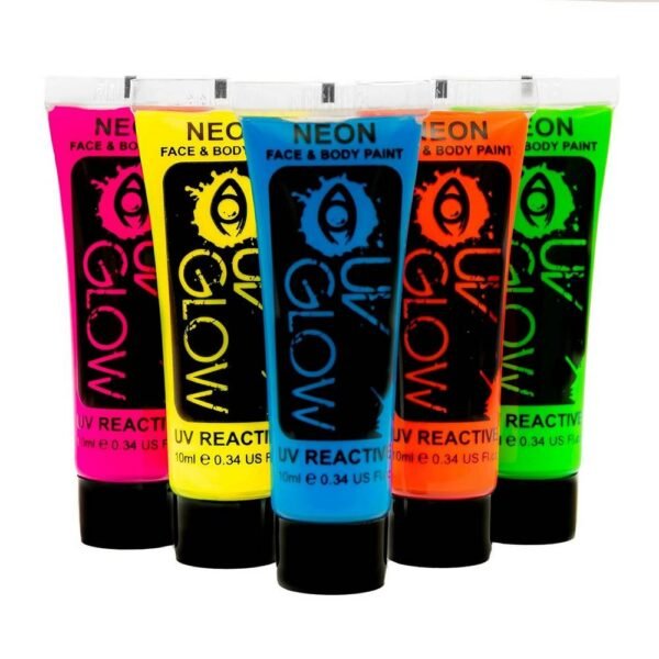 UV Glow UV-Bodypaint 10ml x5 fun factor for many occasions, achieves very strong glowing effect under black light, very easy to use.