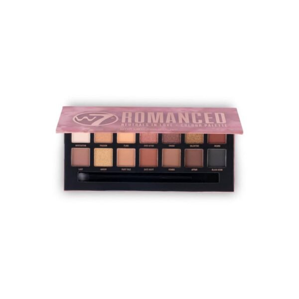 W7 Romanced 12 colores rosa-nude naturales 14 tonos melocotón y nude con encantadores toques de rosa y oro brillante, tonos suaves y pigmentados que te ayudarán a crear looks desde suaves y naturales para el día a día hasta un glamour impecable.