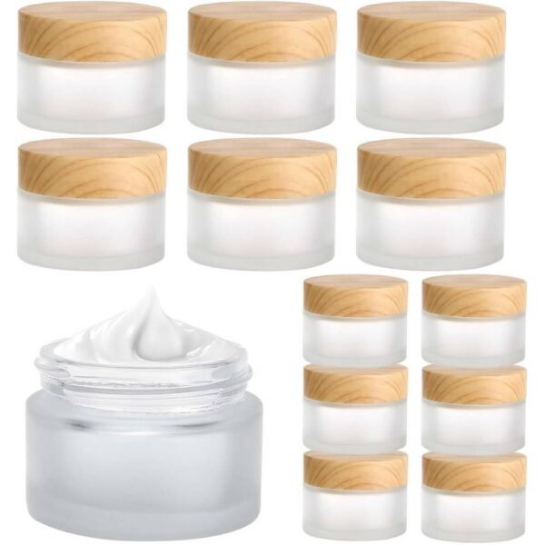 Auauraintt 12 pieces glass jars 20ml/30ml with wood grain cover reusable, eco-friendly and hermetic, for cosmetics, creams, lotions, samples.
