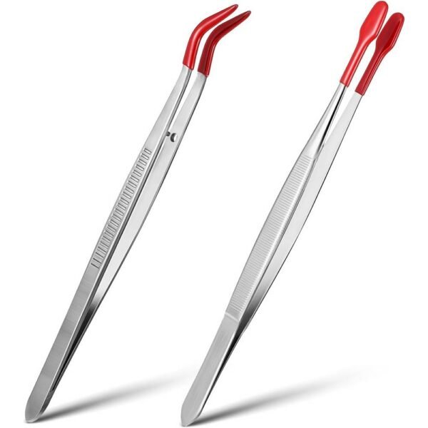 Bremorou 2 Pcs Long Craft Tweezers Plastic (Silver) Non-slip, curved and angled, made of high-strength plastic and metal, strong holding without damaging or scratching.