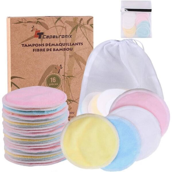 CT Capetronix Make-up Removal Pads Washable 16 pieces + 2*Laundry Bag reusable cotton pads made of bamboo and cotton, durable soft and gentle, for removing makeup, for all skin types.