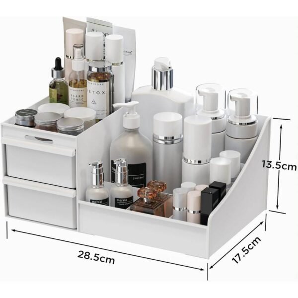 DancesCat Make Up Cosmetic Organizer with Drawers Large large capacity, made of 100% high quality ABS material, with 7 compartments and 2 drawers, with dimensions of 17.5 D x 28.5 W x 13.5 H cm.