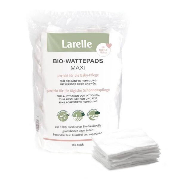 Larelle Organic Cotton Pads Maxi for Mom & Baby 180 pieces in bulk pack GOTS Ecocert with natural fibers, bleached with oxygen, chlorine-free, fragrance-free, safe for the skin.