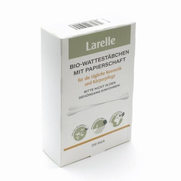 Larelle Bio Cotton Swabs 200 with Paper Shaft made from 100% certified organic cotton for soft and eco-friendly cosmetic use.