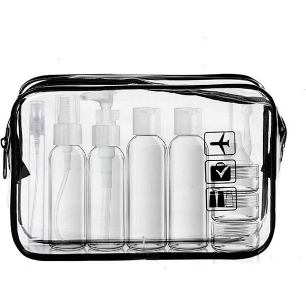 LECUNE Transparent Toiletry Bag with Travel Bottles Set 13 Pieces (100 ml) and 1 Piece Plastic Bag Approved for Liquids (20x20cm) reusable, transparent, leakproof, easy to transport.