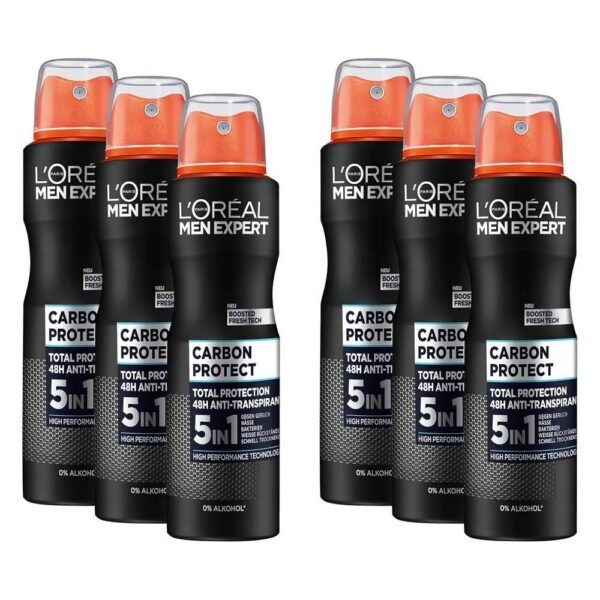 L'Oréal Men Expert 5-in-1 Carbon Protect 6 x 150 ml reliable and extreme freshness against body odor, provides 48 hours of highly effective protection without leaving marks.