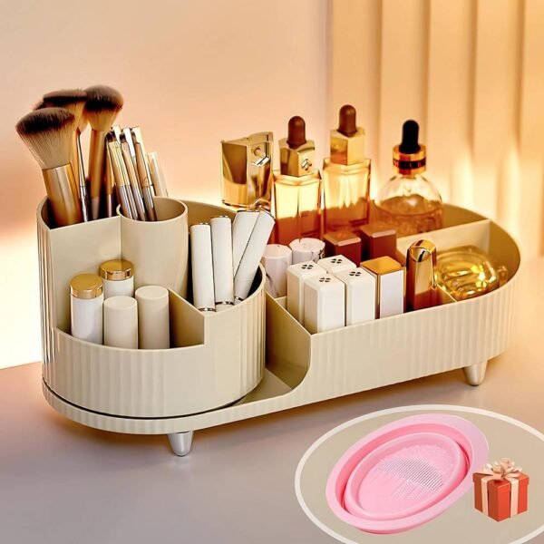 Make Up Organizer, Dressing Table Organizer 360° Rotatable and Compartment 2-in-1 (Beige) functional and versatile, high-quality material, large capacity.