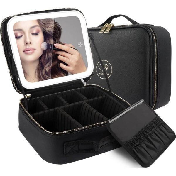 MOMIRA Travel Makeup Bag Cosmetic Bag Black with backlight, adjustable brightness in 3 color scenarios, waterproof.