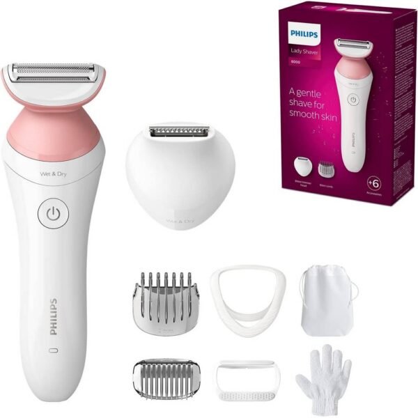 PHILIPS Lady Shaver Series 6000 с 6 аксессуарами Перчатка для пилинга тела, триммер для линии бикини (модель BRL146/00), белый/розовый подходит для чувствительных зон, обеспечивает комфортное бритье и гладкую кожу, можно использовать как влажным, так и сухим способом, до 40 минут работы без подзарядки.