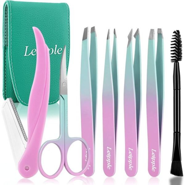 Leipple Tweezers Set 7Pcs for Women (Pink/Blue) Stainless steel, good grip, easy and precise hair removal.