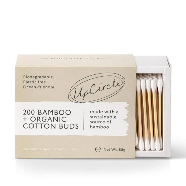 Hisopos de algodón de bambú UpCircle 200 piezas biorefinados, ecológicamente limpios, no adheridos al plástico, полностью пригодны для вторичной переработки.