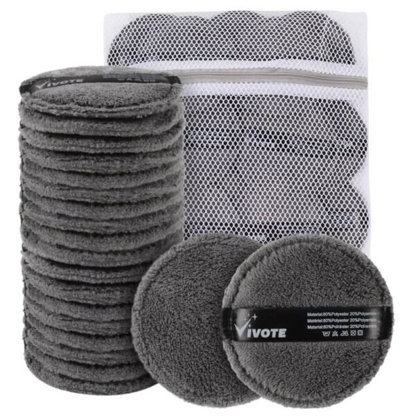VIVOTE Microfibre Washable Pads 20 pieces with laundry bag (gray) reusable, microfiber, soft, eco-friendly pads for facial cleansing and skin care.