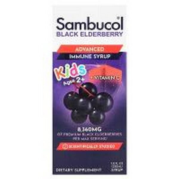 Apoyo al sistema inmunológico-Sambucol  Kids Black Elderberry, Advanced Immune Syrup, Ages 2+,