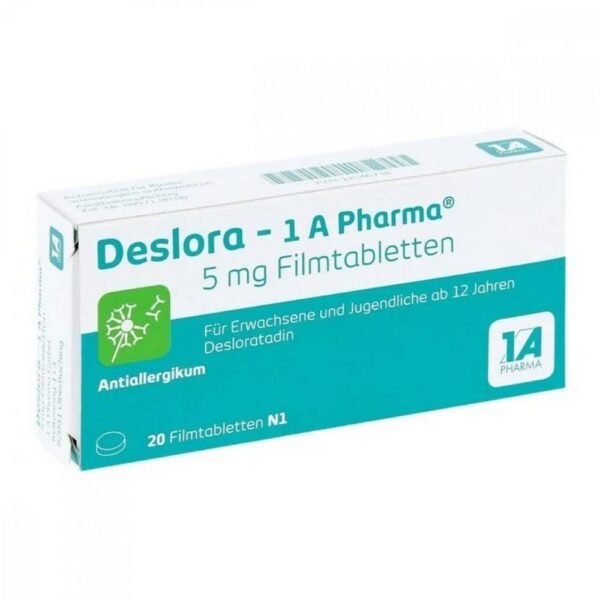 1A Pharma Deslora 5mg 20 contains desloratadine, which is an antihistamine. It improves the symptoms of allergic rhinitis (inflammation of the nasal passages caused by allergies, such as hay fever or dust mite allergy). These symptoms include sneezing, runny or itchy nose, itchy roof of the mouth, and itchy, red, or watery eyes.
