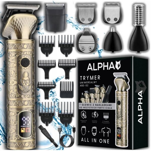 Alpha Hair, Beard and Body Clipper 7in1 Trimmer + Shaver safe hair cutting on delicate body areas, for quick cutting of large strands, ideal for shaping beard and hairline, ideal for contouring and creating patterns, allows you to get the effect of smooth skin, ideal for zero shaving.