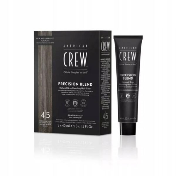 American Crew Hair Grey Remover 4-5 Medium Natural 3x40ml contiene etanolamina en lugar de amoníaco, reacción de pH 9,5-10, no contiene pigmentos rojos ni cobrizos.