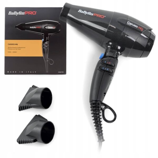 BaByliss Pro Dryer CARUSO 2400W BAB6970IE HQ IO provides uniform temperature distribution and excellent drying results, has 6 levels of heating and air flow speed adjustment, has an instant cooling button for cold air operation, ionization function.