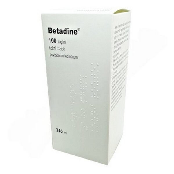 Betadine 100mg/ml Dermal Solution 240ml, an antiseptic solution used for wound care, helps prevent infections and supports healing of cuts, burns, and abrasions.