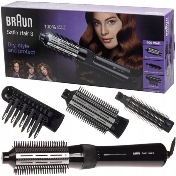 BRAUN AS330 SATIN HAIR DRYER AND CURLER can dry and style your hair at the same time, has a smooth 100% ceramic coating, automatically releases tangles and is gentle on hair.