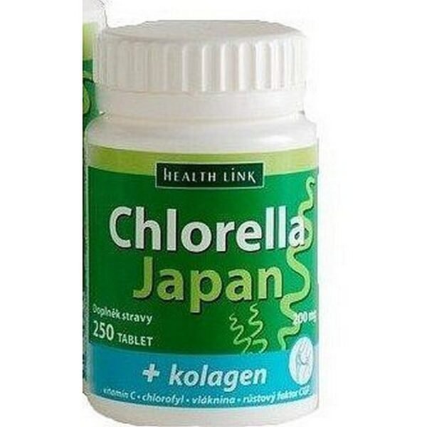 Chlorella Japon + Collagène Tbl. 250-un complément alimentaire combinant la chlorelle, une algue riche en nutriments, avec du collagène pour favoriser la détoxification, la santé de la peau et la vitalité globale.