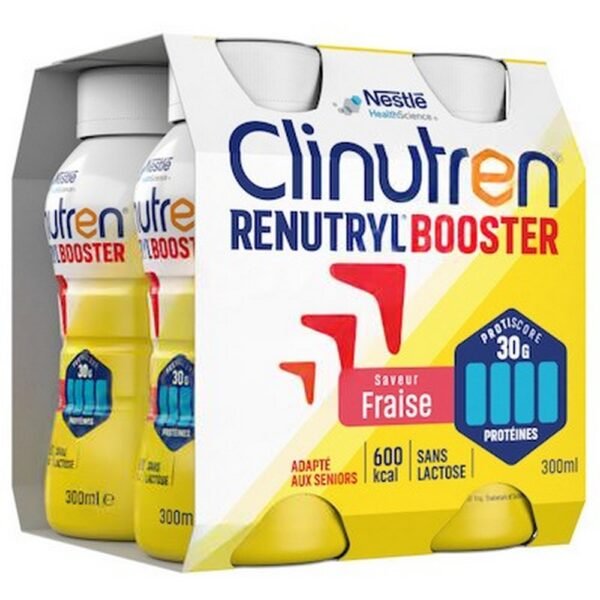Clinutren Renutryl Booster Strawberry Powder for Solution 4x300ml, a high-protein, high-energy nutritional drink, designed to support patients with malnutrition or increased nutritional needs.