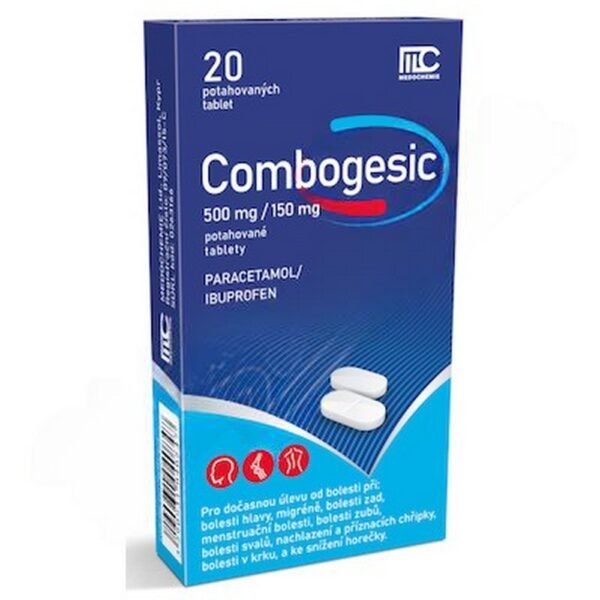 Combogesic 500mg/150mg Film-coated Tablets 20, a combination pain reliever that combines paracetamol and caffeine to relieve moderate to severe pain, such as headaches and migraines.