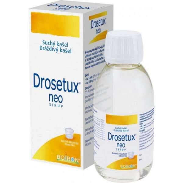 Drosetux Neo Syrup 150 ml is used to treat cough and respiratory conditions. It combines active ingredients like dextromethorphan (a cough suppressant) and guaifenesin (an expectorant), helping to reduce coughing and clear mucus from the airways.