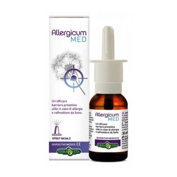 ERBA VITA Allergicum Med 30 ml es útil para las alergias respiratorias y la fiebre del heno, crea una barrera protectora que limita el contacto de la mucosa nasal con agentes externos (polen, ácaros, pelos de animales, etc. de venta online en farmaciaguacci.it), que A menudo causan congestión nasal.