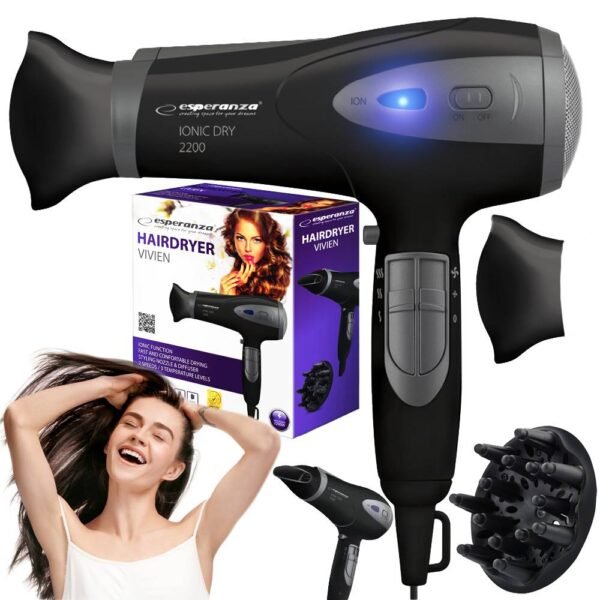 Esperanza Ionic Vivien HAIR DRYER POWERFUL IONIZATION DIFFUSER 2200W advanced functions, ionization and various levels of temperature and air flow control, high quality and durability, intensive and fast drying, which reduces styling time and increases the comfort of use.