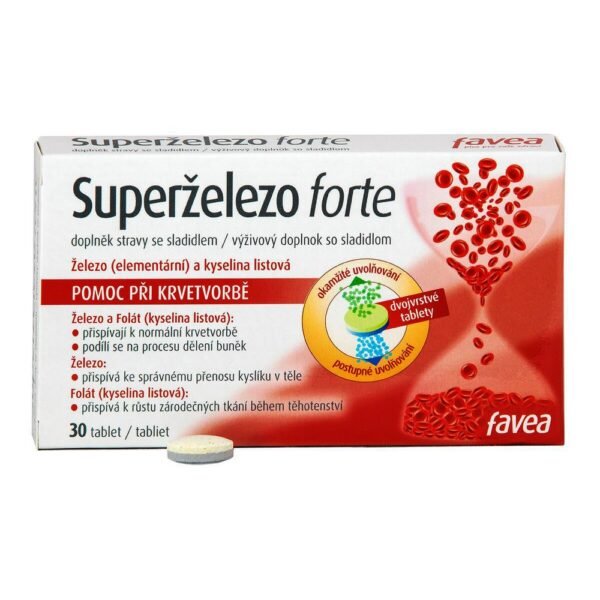 Favea Super Iron Forte is a dietary supplement designed to support iron levels and prevent iron deficiency anemia. It contains a combination of iron and additional vitamins, such as vitamin C, to enhance absorption and support overall vitality.