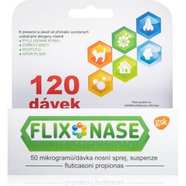 Flixonase 50 mcg/dose nasal spray, 120 doses – a corticosteroid used to treat symptoms of allergic rhinitis, such as nasal congestion, sneezing, and runny nose. It helps reduce inflammation in the nasal passages.