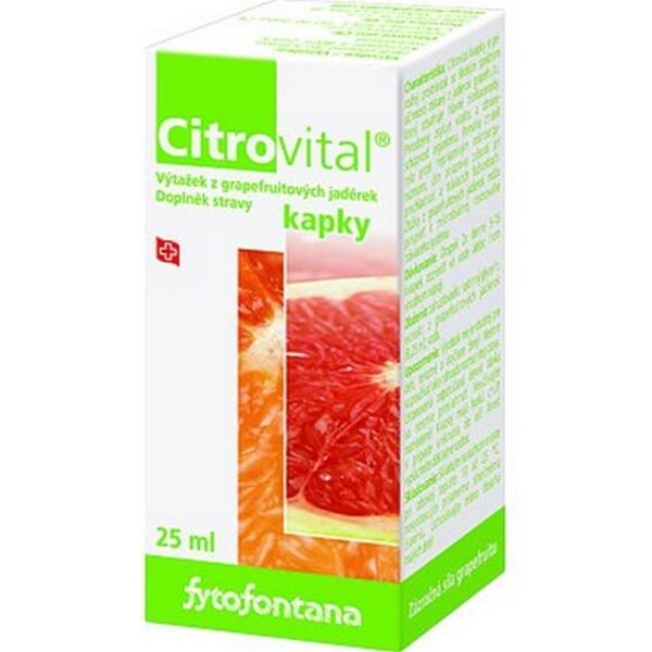 Fytofontana Citrovital Drops 25ml – a natural supplement made from grapefruit seed extract, known for its antioxidant and immune-boosting properties. Helps support the body's defenses and overall health.
