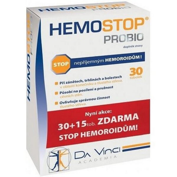 Hemostop Probio Max Da Vinci Academia is a dietary supplement designed to support gut health and digestion, featuring a combination of probiotics and other ingredients that promote a balanced intestinal flora and overall digestive function.