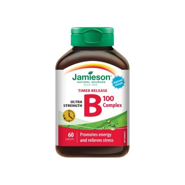 Jamieson B-Complex 100mg with Gradual Release Tbl. 60 – a dietary supplement providing 100mg of B vitamins per tablet, with a gradual release formula to support energy levels, metabolism, and nervous system health throughout the day.