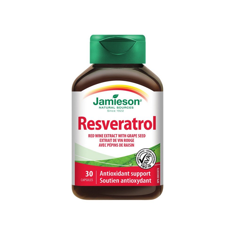 jamieson resveratrol 50mg red wine extract cps30 Jamieson Resveratrol 50 mg Extracto de vino tinto es un suplemento dietético que proporciona resveratrol, un poderoso antioxidante que se encuentra en el vino tinto.