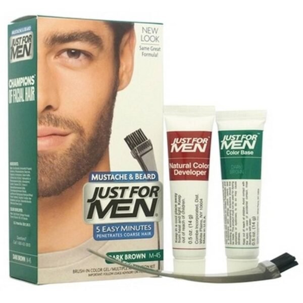 Just For Men Beard Grey Remover DARK BROWN M45 pénètre dans chaque cheveu, la couleur dure jusqu'à ce que la barbe pousse, nourrit et adoucit la barbe.