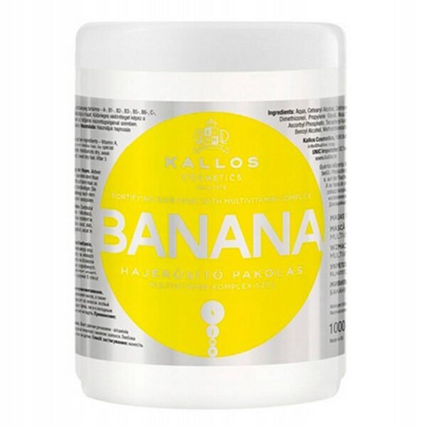 KALLOS BANANA MASQUE CAPILLAIRE RENFORCANT ET ADOUCISSANT BANANE 1000ML protège de l'air chaud d'un sèche-cheveux et de l'impact négatif des conditions météorologiques, rend les cheveux soyeux, doux et brillants.