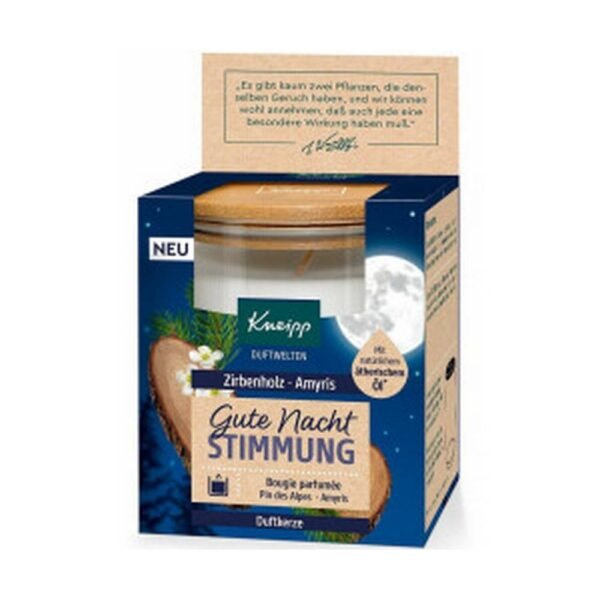 The calming, warm woody scent of the Kneipp fragrance worlds scented candle Good night mood Swiss stone pine Amyris creates a relaxing atmosphere for your evening ritual.