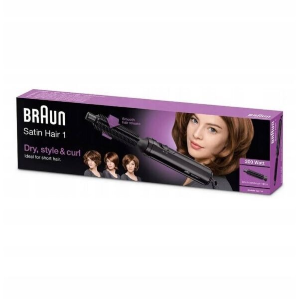 BRAUN Satin Hair AS110 200W HAIR CURLE/DRYER provides effective drying and styling, especially recommended for short hair, equipped with a practical unwinding function that gently releases each strand.