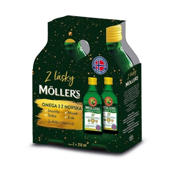 Möller's Omega 3 D+ is a liquid dietary supplement that provides essential omega-3 fatty acids along with vitamin D, supporting heart, brain, and immune health. This gift pack includes two 250 ml bottles for a longer-lasting supply.