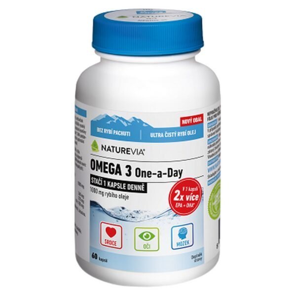 NatureVia Omega 3 One-a-Day is a dietary supplement that provides essential omega-3 fatty acids, supporting heart health, brain function, and overall well-being. It offers a convenient one-capsule-per-day dosage.