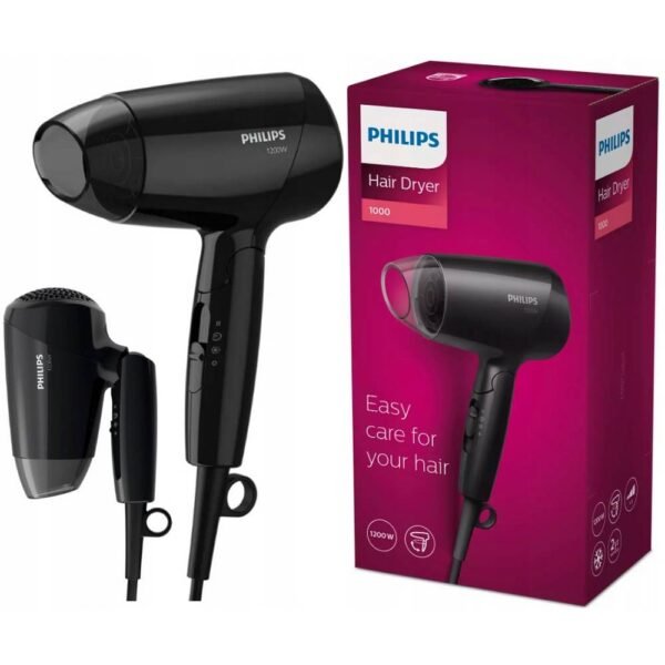 Philips PHD30001200W SMALL FOLDABLE TRAVEL HAIR DRYER allows you to dry and style your hair, ideal for home and travel.