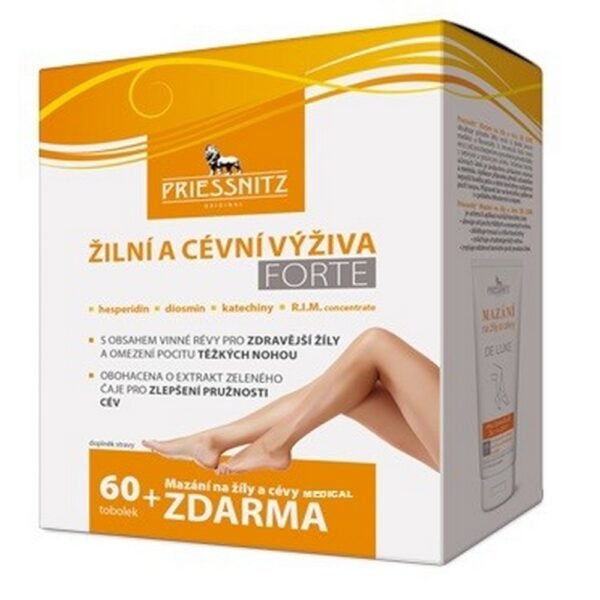 Priessnitz Venous and Vascular Nutrition Forte is a dietary supplement designed to support vein and vascular health, often used to improve circulation and reduce discomfort associated with varicose veins. It contains natural ingredients that may help strengthen blood vessels and improve blood flow.