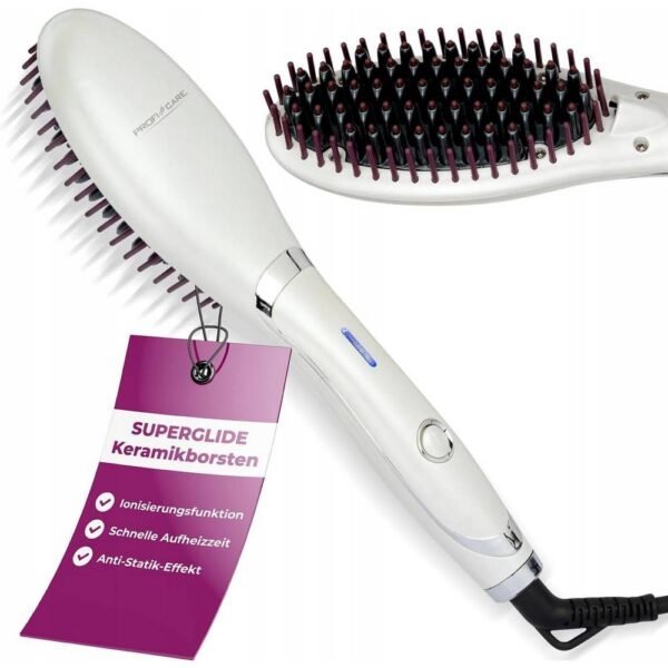 Proficare PC-GB 3021 STRAIGHTENING BRUSH ELECTRIC HAIR STRAIGHTENER LED to enhance the smoothing effect, a hair ionization function has been added, which makes the hair strong, silky and shiny, the safe tips of the brushes are covered with a SUPERGLIDE ceramic coating, which perfectly insulates from temperature.