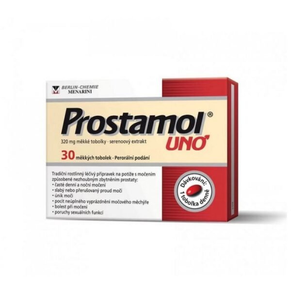 Prostamol Uno 320 mg Cápsulas 30 es un suplemento herbal que se usa para apoyar la salud de la próstata . Contiene extracto de Serenoa repens (palma enana americana), que se usa comúnmente para aliviar los síntomas asociados con la hiperplasia prostática benigna (HPB), como micción frecuente o dificultad para orinar.