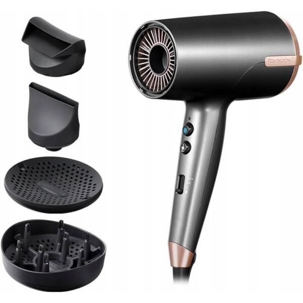 RemingtonD6077 SECADOR DE PELO IÓNICO One Dry & Style 2000W SET 4 accesorios de peinado que dominan el cabello rebelde, suavizan los mechones lisos, realzan los rizos naturales y aceleran el tiempo de secado.