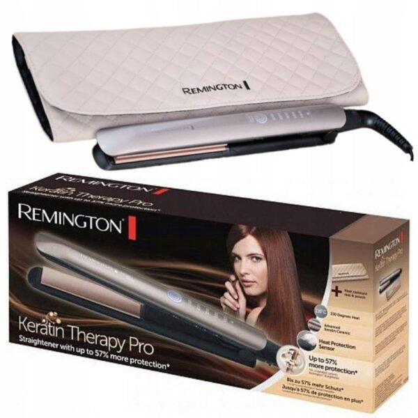 La plancha de pelo RemingtonKeratin Therapy Pro S8590 CASE FAST HEATING combina placas de cerámica de queratina avanzada con un exclusivo sensor de protección térmica que detecta los niveles de humedad y optimiza la temperatura.
