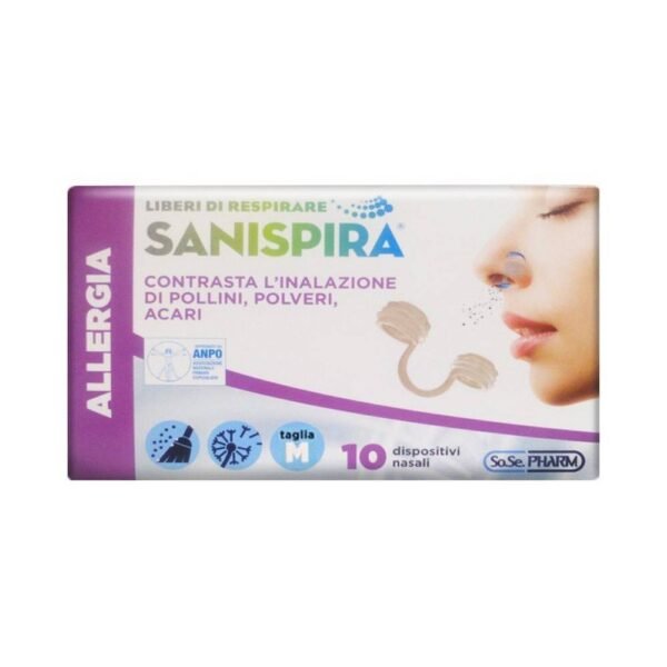 SO.SE.PHARM sanispira immunity 10 talla L contra la contaminación consiste en limpiar el aire inhalado, reduciendo la inhalación de polvo fino, polen y otros alérgenos.