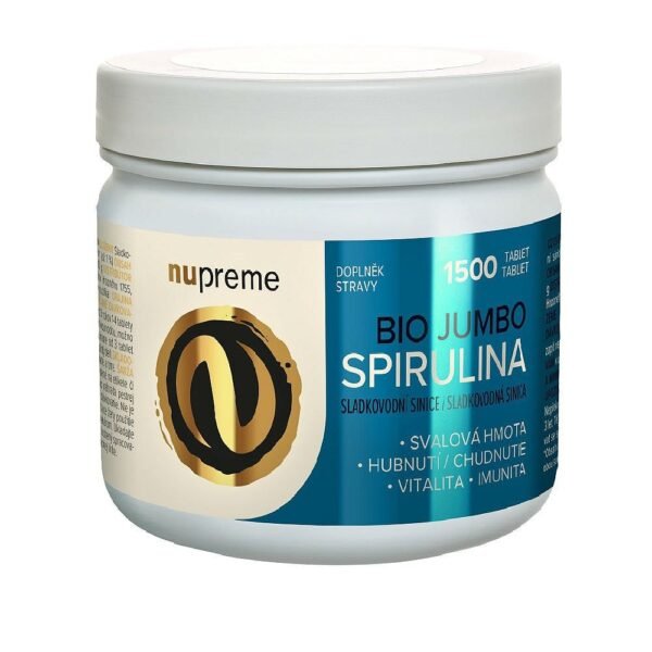 Spirulina Jumbo Tablets 1500 Bio Nupreme is a dietary supplement that provides a high dose of organic spirulina, a nutrient-dense blue-green algae. It is rich in proteins, vitamins, minerals, and antioxidants, supporting immune health, energy levels, detoxification, and overall well-being.